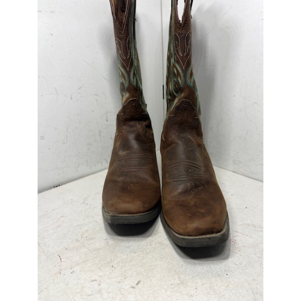 Justin Brown Leather Western Cowboy Boots Teal Embroidery Square Toe 9B - Picture 8 of 10
